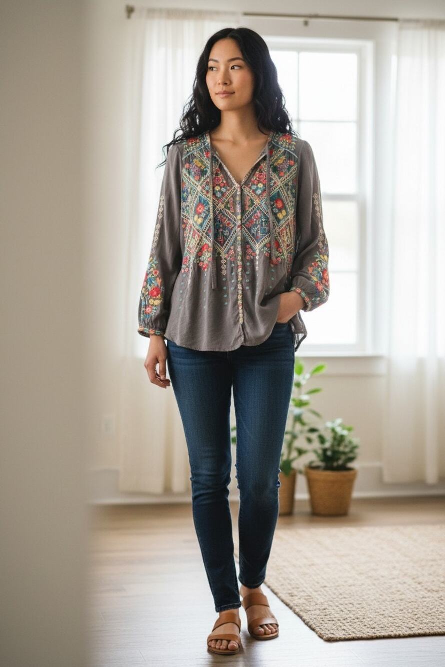Johnny Was floral embroidered georgette tunic blouse gray sz small WT140
